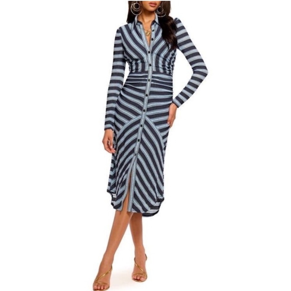 NWT Ramy Brook Striped
Wyatt Dress Navy Blue Ruched
Midi Shirt Dress Size Large